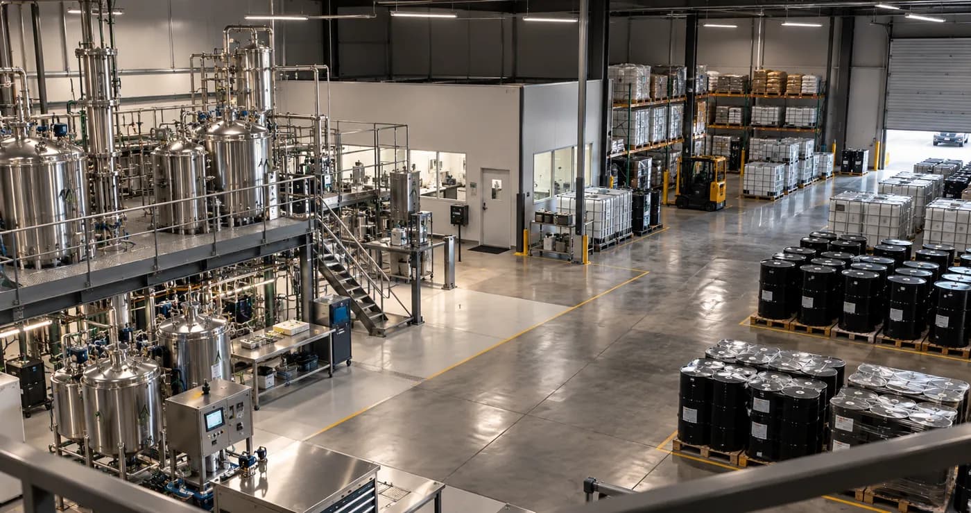 Inside the MitraGen extraction lab: stainless steel reactors, warehouse totes, and drum inventory