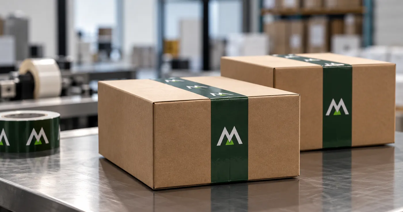 MitraGen-taped kraft shipping boxes on a packing line, co-packed and private-labeled