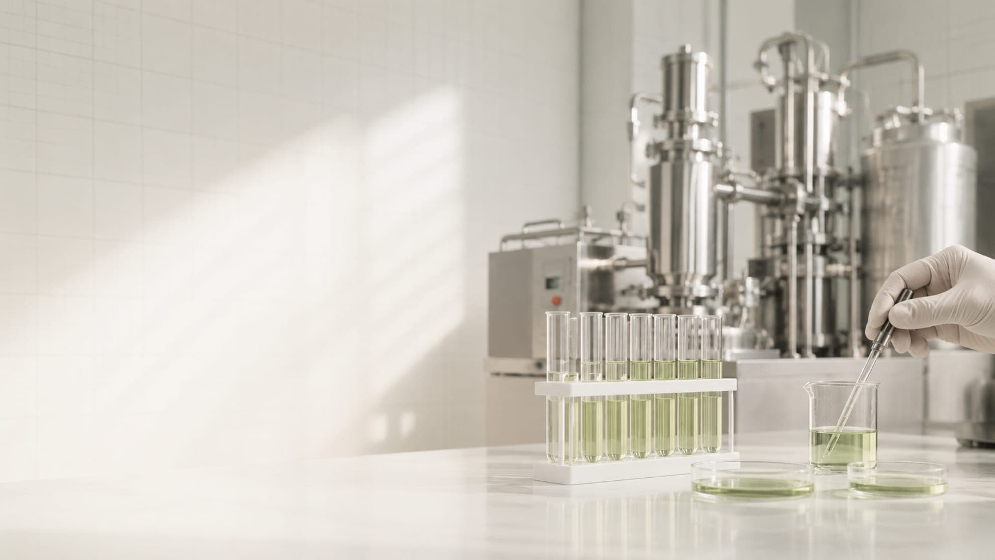 Clinical extraction lab: sample vials and distillation equipment