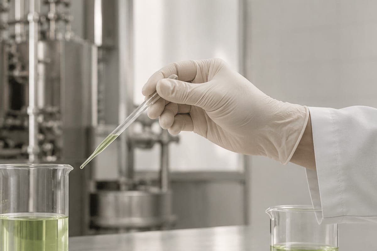 Gloved hand transferring extract into glassware in the lab