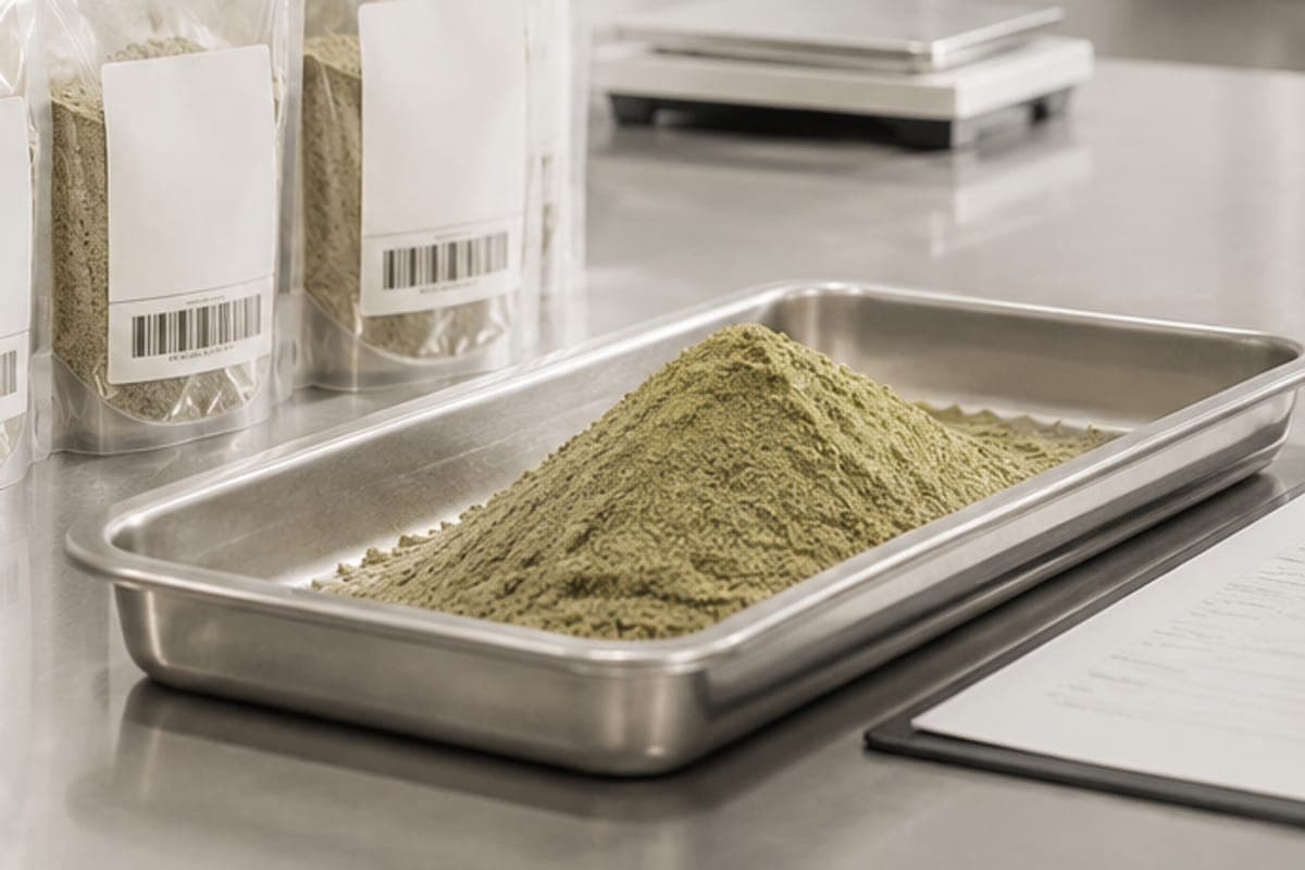 Milled leaf powder in a tray beside labeled intake bags