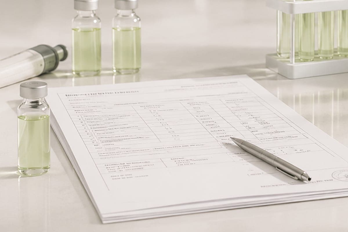 A lab analysis record beside sample vials and test tubes